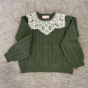 BAPY A Bathing Ape Lace Collar Cable Knit Wool Sweater Green Size S NWT